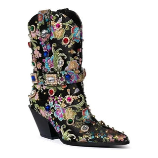 Brand Woven Brocade Embroidery Rhinestone Rivet Short Boots  New Fashion Show Pointed Slope Heel Chelsea Women's Boots Size 43