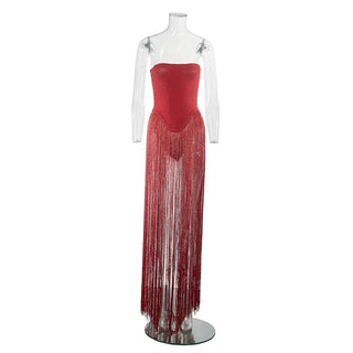Strapless Fringe Dress Holiday Women Cocktail Sexy Strapless Tassel Red Tight Long Bandage Bodycon Elegant Celebrity Party Wear