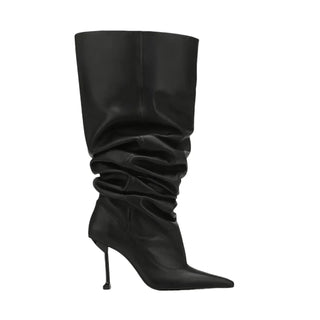 Scrunch Patent Leather Pointed High-heeled Stacked Boots with Large Tube Circumference, European and American Long Boots