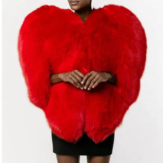 Heart You Faux Fur Red Love 3D Heart Shawl Warm Coat For Women Versatile High-end Jacket