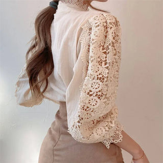 Apricot Lace Blouse Women Autumn Vintage Long Sleeve Pearl Button Flower Hollow Out Blusas See Through Mesh Shirt Camisas Elegantes