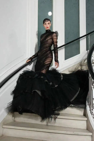 Custom Fashion Gown See Through Lush Ruffle Women Dresses Trumpet Layered Party Gowns Sleeve Halloween vampire queen