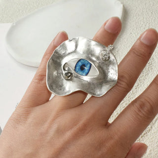 New Exaggerated Baroque Style Metal Plated Blue Eyes Open Ring Fashion Jewelry Accessories