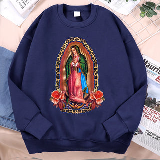 Señora De Guadalupe Sweatshirts Loose Hoodie Cartoon Fleece Hoody Clothing Casual O-Neck Hoodie Pullover