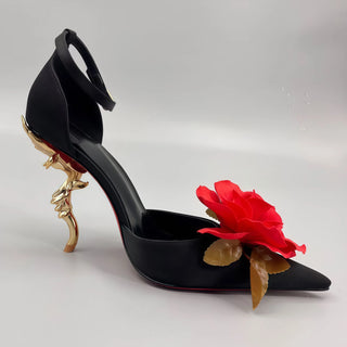 Large Red Flower Women’s Pumps Metal Tortuous Strange high Heels Black Leather Pointed Toe Sandals Woman Wedding Party New Shoes