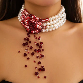 Vampire Pearl Necklace Gothic Drop Red Crystal Blood Tassel Choker Necklace Halloween Jewelry
