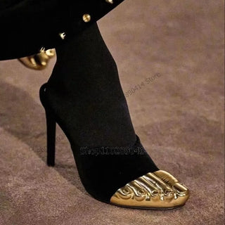 Gold Black Patchwork Five Fingers Boots Slip On Women Shoes Thin High Heels Novel Fashion Party Runway