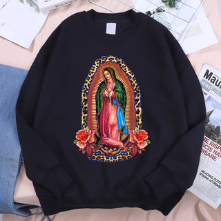 Señora De Guadalupe Sweatshirts Loose Hoodie Cartoon Fleece Hoody Clothing Casual O-Neck Hoodie Pullover