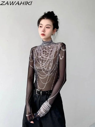 Graphic Long Sleeve T Shirts Women Gauze Transparent Slim Mesh Mock Neck Fashion Grunge Tops