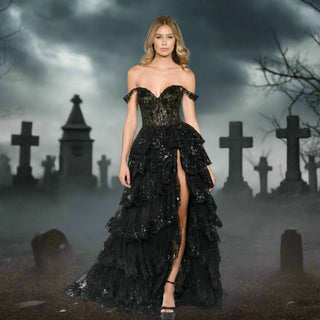 Custom Elegant Off Shoulder Multilayer Dress Customized Side High Split Lace Princess Shiny