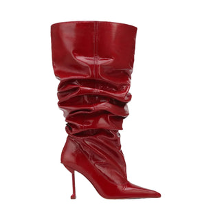 Scrunch Patent Leather Pointed High-heeled Stacked Boots with Large Tube Circumference, European and American Long Boots