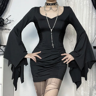 Batwing Sleeve Mini Dress Elegant Slim Pleat Bodycon Dresses Gothic