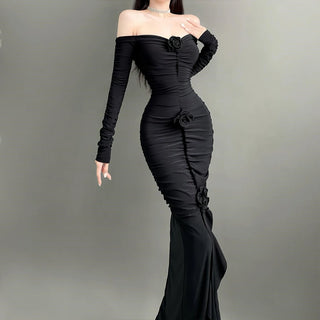 Black Off Shoulder Dark rose Flower Ruching Long Dress Gothic tight Long Sleeve Halloween Dresses