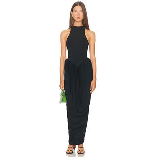 Blifanbo Pleated Elegant O Neck Maxi Dress For Women Off-shoulder Fashion Slim Fit Sleeveless Patchwork Sexy Club Party Dress