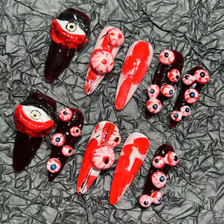 Handmade Press on Nails Punk Dark Style Halloween False Nails Black and Red Scary Eyeball Design Long Almond False Nails