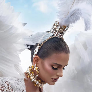 White Feather Crown Tiara Queen Performance Accessories Oversize Baroque Rhinestone Headpiece Jewelry Cosplay