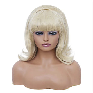 HAIRJOY Synthetic Hair Pink updo Wig 70s Pinup Pelucas 60s Beehive  Vintage Look Halloween Costume Women Curly Wig wtih Bang