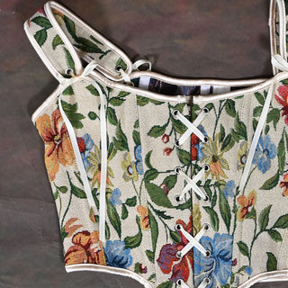 Corset Bustier Ovberbust Floral Beige Print Bodice Lace Up Front Boned Costume Shaping Tops Slimm Waist Tummy Contr