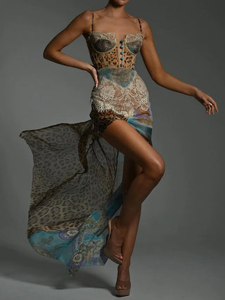 Leopard Print Lace Split Maxi Dress Women Gown Elegant Patchwork Chiffon Backless Beach Dress