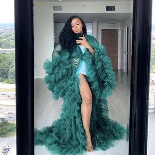 Custom luxury Dressing Gown Perspective Sheer Open Front Ruffle Tulle Long Puffy Robe old Hollywood Nightgown Dress