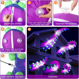 Five 5-foot Long Inflatable Glowing Giant Octopus Tentacles for Halloween, with Built-in LED and Halloween Window Decoration