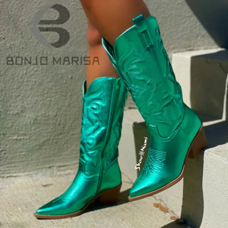 Silver Metallic Cowboy Boots For Women Pointed Toe Wide Calf Western Boots Zip Embroidered Stacked Heel Wedding Spring Shoes