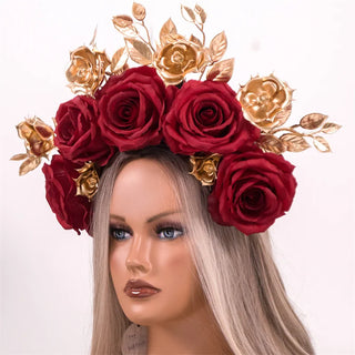 Handmade Dark Red Rose Halloween Day Of The Dead Festival Flower Crown Floral Headpiece