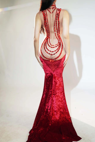 Sparkly Sheer Elegant Illusion Rhinestone Red Velvet Ball Dress For Women Fishtail Gown Elegant Dress Party Evening Dress