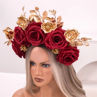 Handmade Dark Red Rose Halloween Day Of The Dead Festival Flower Crown Floral Headpiece