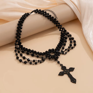 Gothic Multilayer Black Crystal Beads Chain Choker Necklace Vintage Big Cross Pendant Necklace Halloween Jewelry