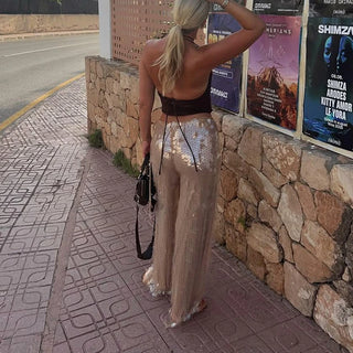 Mermaid Glitter Sequin Embroidery Loose Fit Long Pants