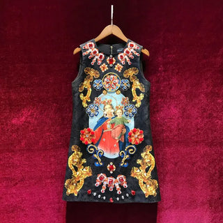 Retro Court Printing Slim Vest dress Heavy Industry Diamond Dress High-end Light Luxury Sleeveless Black Dresses Summer