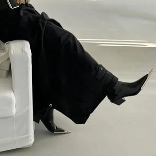 Luxury Designer Pointed Toe Boots Women Fall Chunky Heel Metal Toe Side Zip Black