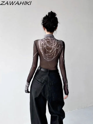 Graphic Long Sleeve T Shirts Women Gauze Transparent Slim Mesh Mock Neck Fashion Grunge Tops