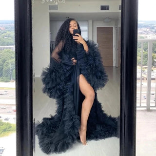 Custom luxury Dressing Gown Perspective Sheer Open Front Ruffle Tulle Long Puffy Robe old Hollywood Nightgown Dress