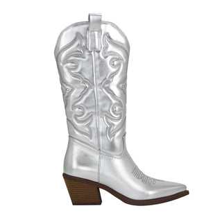 Silver Metallic Cowboy Boots For Women Pointed Toe Wide Calf Western Boots Zip Embroidered Stacked Heel Wedding Spring Shoes