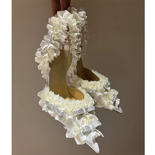 Rhinestone Bow Lace Slingback Stiletto Sandals Woman Summer vintage Pointed Closed Toe Lolita Style High Heels Shoes for Women