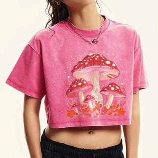 Women's Cotton Crop Tops Trend O-Neck Distressed Washed T-Shirts Red Mushroom Personality Graphic Printed Tees Street Clothes