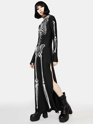 Goth skeleton Halloween Dark Gothic Dress Women Streetwear Skull Printed Long Sleeve O-neck Split Midi Dress Cosplay Clubwear