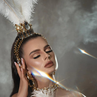 White Feather Crown Tiara Queen Performance Accessories Oversize Baroque Rhinestone Headpiece Jewelry Cosplay