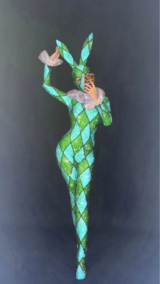 Halloween Designer Jumpsuit Bunny harlequin circus sideshow Cosplay Costume Collar Costume