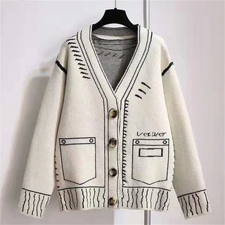 Print Graffiti Cardigan Women Long Sleeve Top Illustration Loose V-neck Sweater Autumn Winter Streetwear Knitted Female Cardigans Coat