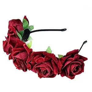Handmade Dark Red Rose Halloween Day Of The Dead Festival Flower Crown Floral Headpiece