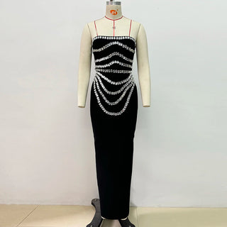 Black Strapless Long Dress Diamonds Embellished Bodycon Bandage Prom Celebrity Party Evening Gowns