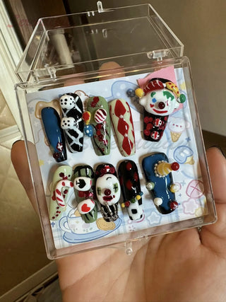 High-Quality Handmade 3D Art Press On Nails Halloween Theme Horror Clown Coffin Shape Spicy Girl Style Detachable Wear Fake Nail
