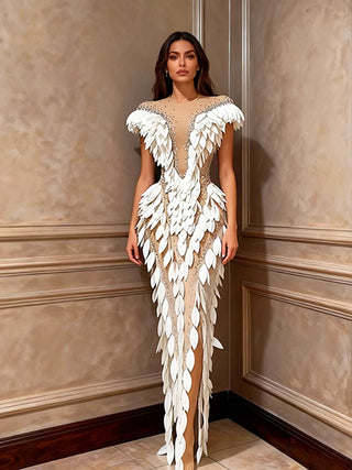 Sparkly rhinestone 3D White Sequin Feather Dress