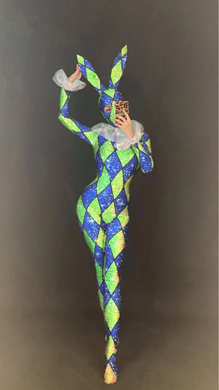Halloween Designer Jumpsuit Bunny harlequin circus sideshow Cosplay Costume Collar Costume