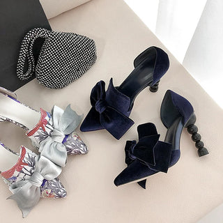 Marie pointed ribbon bow suede single shoes beaded thin high-heeled banquet dress
