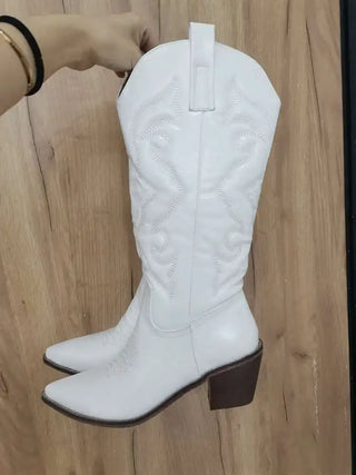 Silver Metallic Cowboy Boots For Women Pointed Toe Wide Calf Western Boots Zip Embroidered Stacked Heel Wedding Spring Shoes