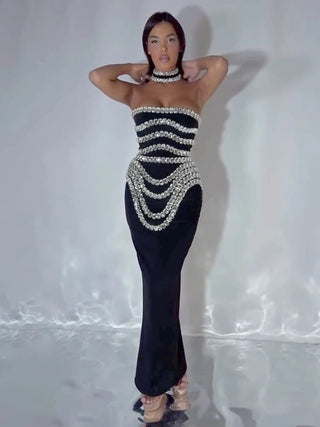 Black Strapless Long Dress Diamonds Embellished Bodycon Bandage Prom Celebrity Party Evening Gowns